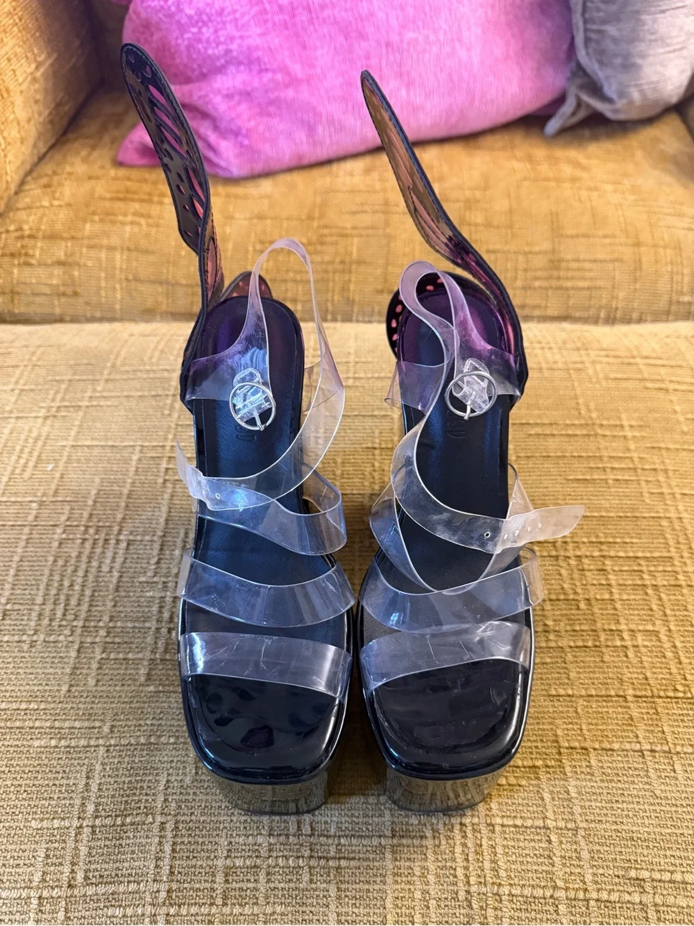 Dolls Kill Black Patent Platform Sandals with Pink Butterfly Wings